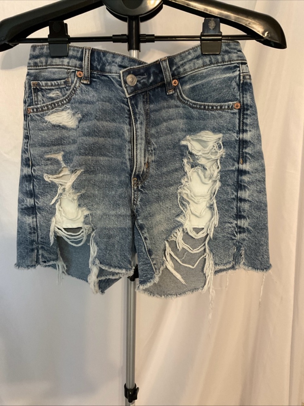 American Eagle Outfitters Distressed High-Rise Blue Jean Shorts